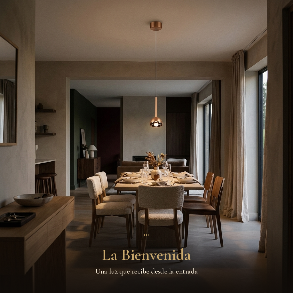 ZAVI II encendida sobre el comedor al llegar a casa al atardecer