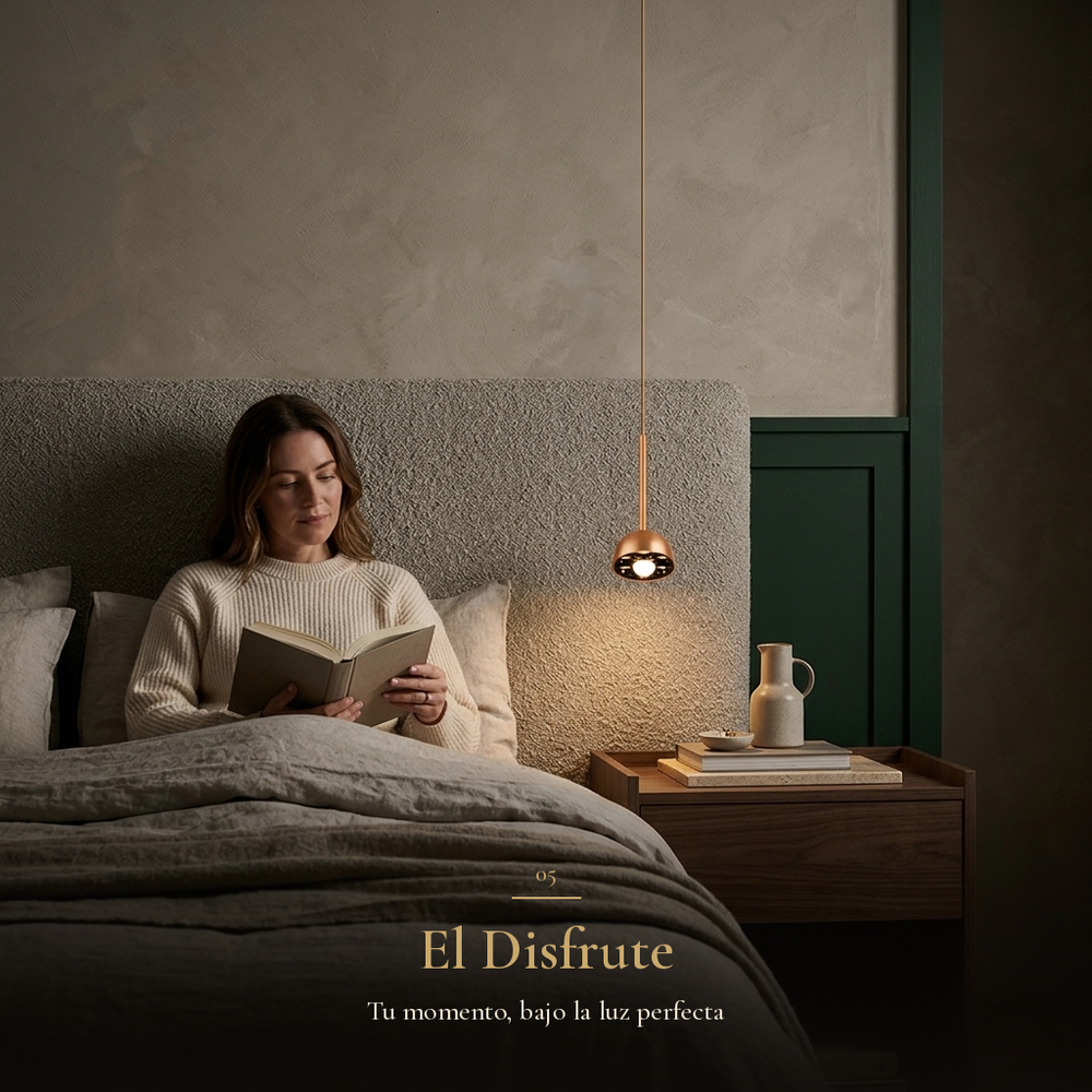 mujer leyendo en la cama junto a la luz cálida de ZAVI II