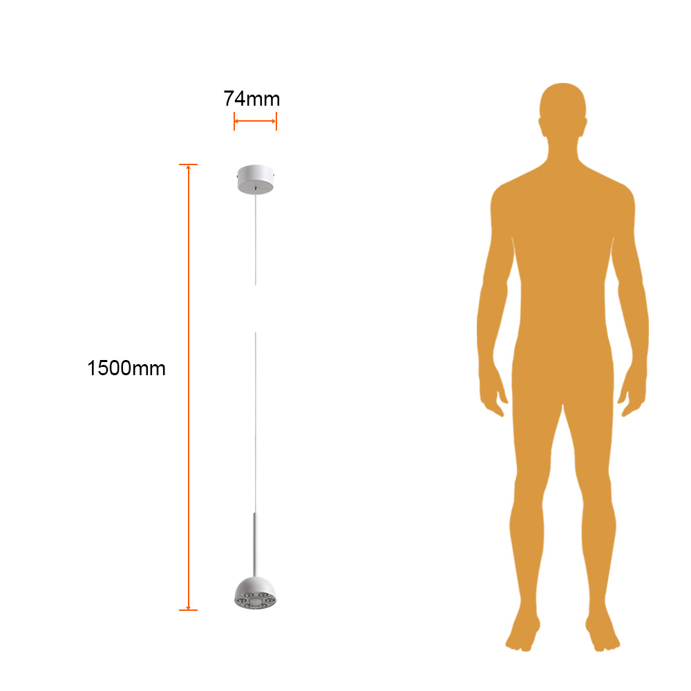 ZAVI II junto a silueta humana para comparar su tamaño: cúpula de 74 mm, pantalla con vástago de 165 mm y altura total 1500 mm