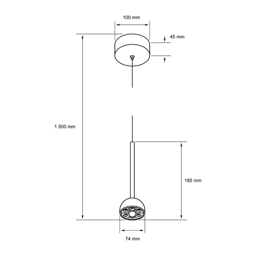 Dibujo técnico con medidas de ZAVI II: cúpula de 74 mm, pantalla con vástago de 165 mm y altura total 1500 mm