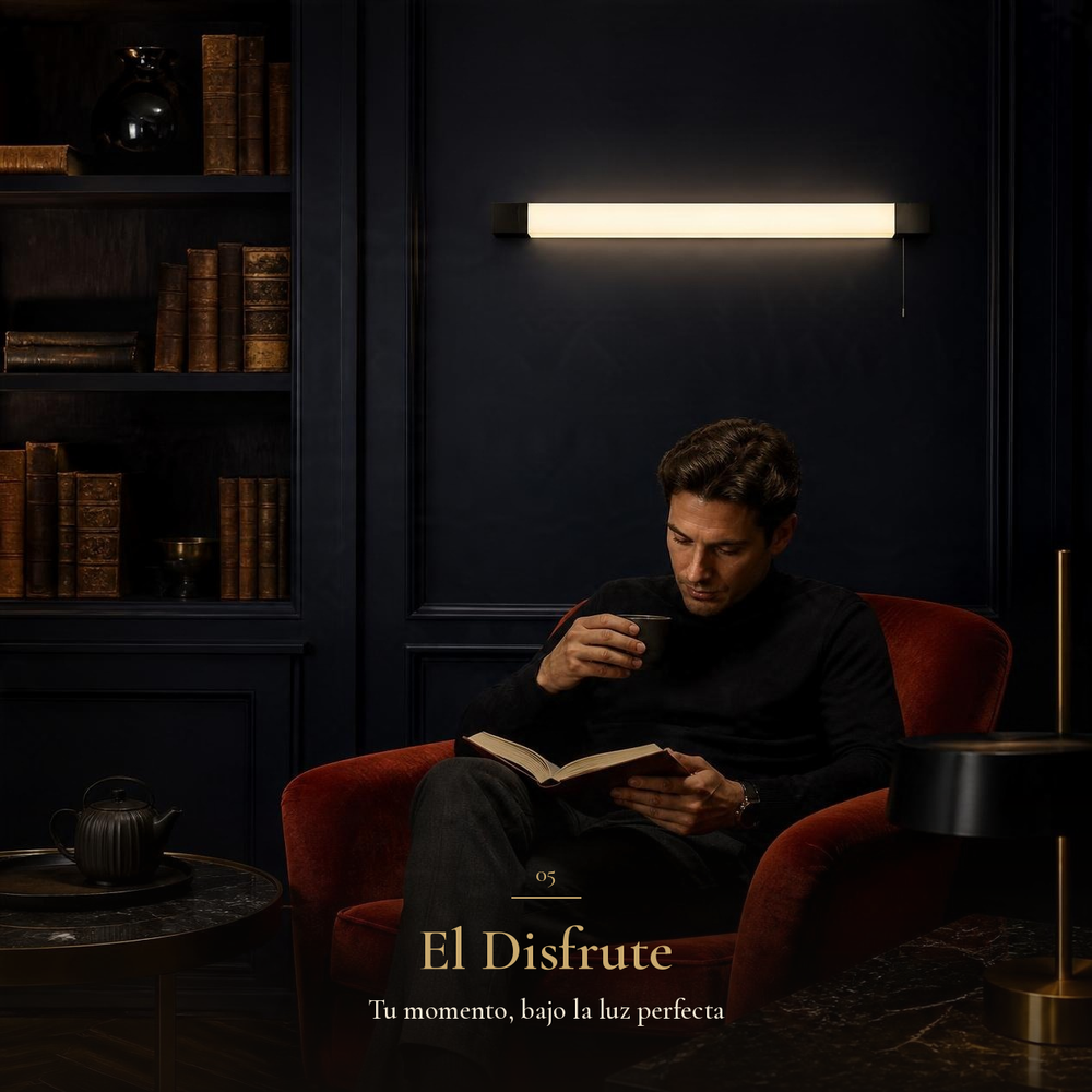 Hombre leyendo en sillón rojo bajo ZYRA encendida